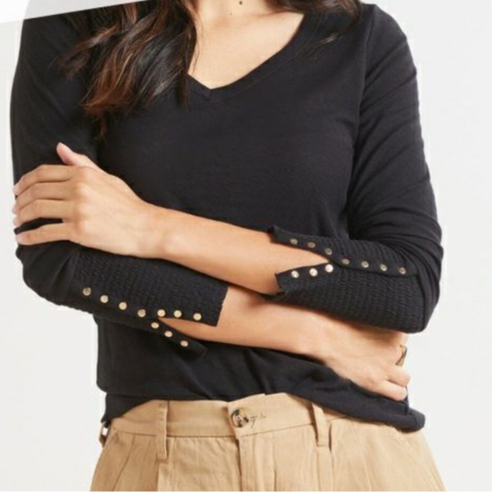 Paige Black V Neck Long Sleeve Top with Gold Button Accents and Smocked Cuffs